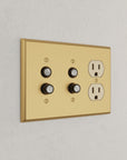 Solid brass Century Push Button & Outlet Wall Plate – Triple in Satin Brass finish