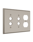 Solid brass Century Push Button & Outlet Wall Plate – Triple in Satin Nickel finish