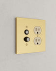 Solid brass Futura Push Button & Outlet Wall Plate – Double in Polished Brass finish