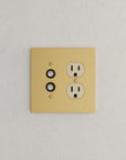 Solid brass Futura Push Button & Outlet Wall Plate – Double in Satin Brass finish