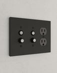 Solid brass Futura Push Button & Outlet Wall Plate – Triple in Coal Black Brass finish