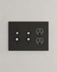 Solid brass Futura Push Button & Outlet Wall Plate – Triple in Coal Black Brass finish
