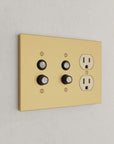 Solid brass Futura Push Button & Outlet Wall Plate – Triple in Satin Brass finish