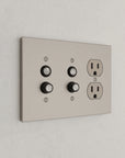 Solid brass Futura Push Button & Outlet Wall Plate – Triple in Satin Nickel finish