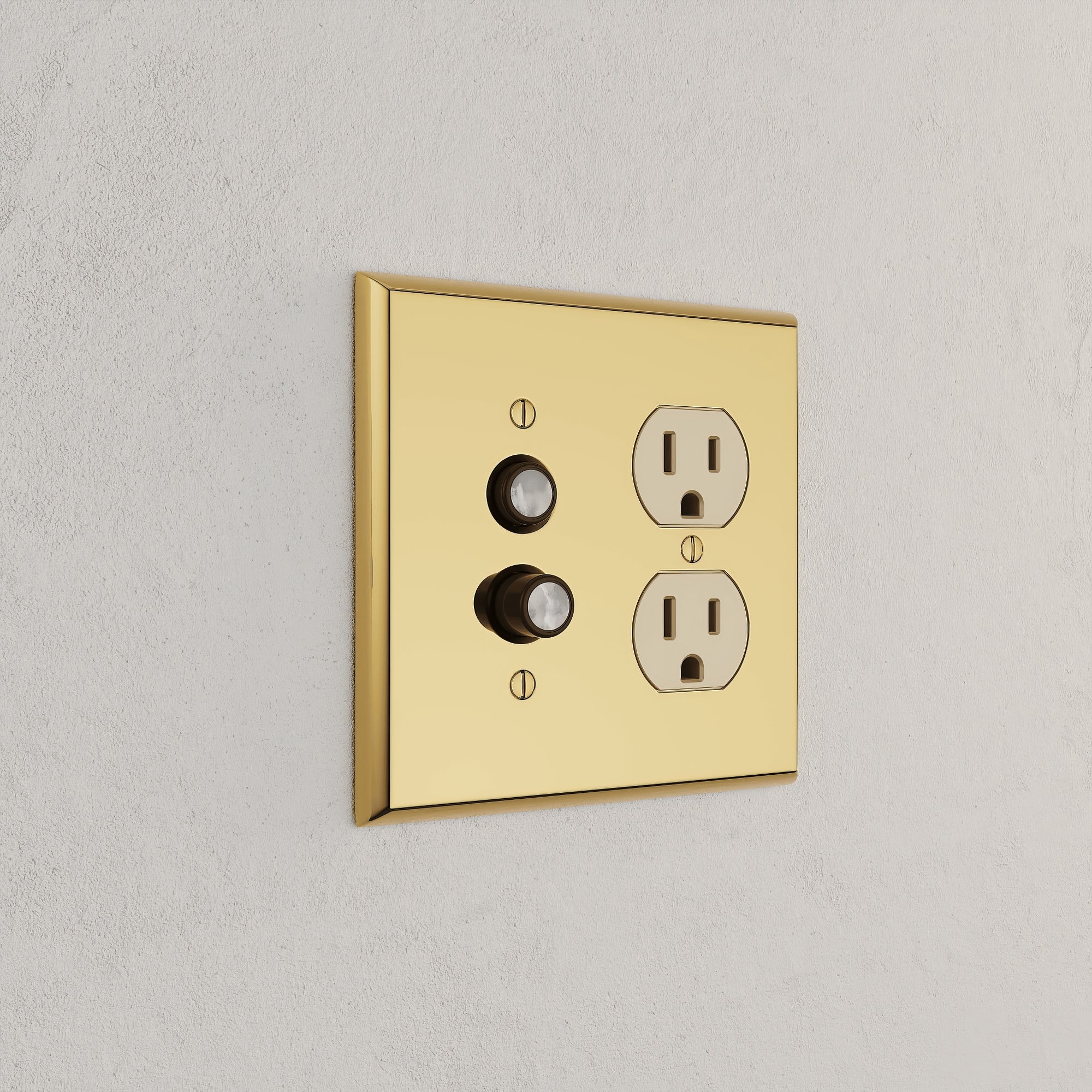 Solid brass Century Push Button &amp; Outlet Wall Plate – Double in Polished Brass finish