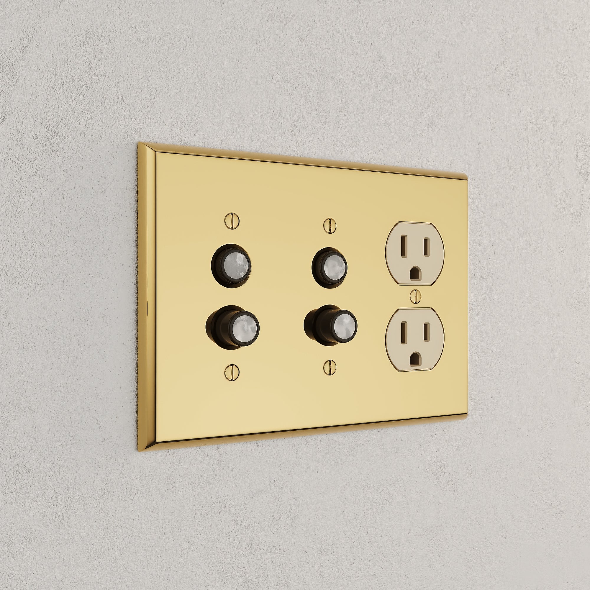Solid brass Century Push Button &amp; Outlet Wall Plate – Triple in Polished Brass finish