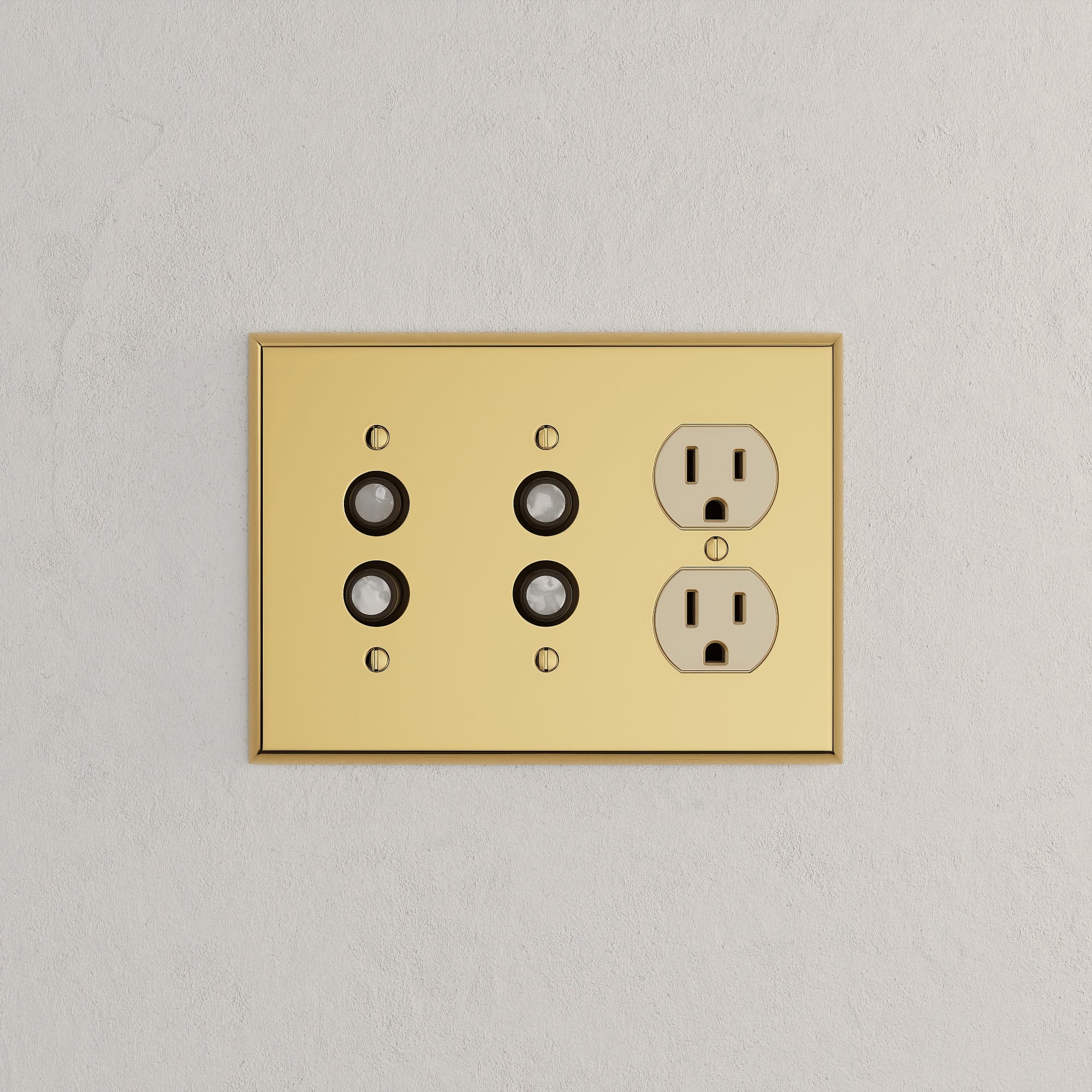 Solid brass Century Push Button &amp; Outlet Wall Plate – Triple in Polished Brass finish