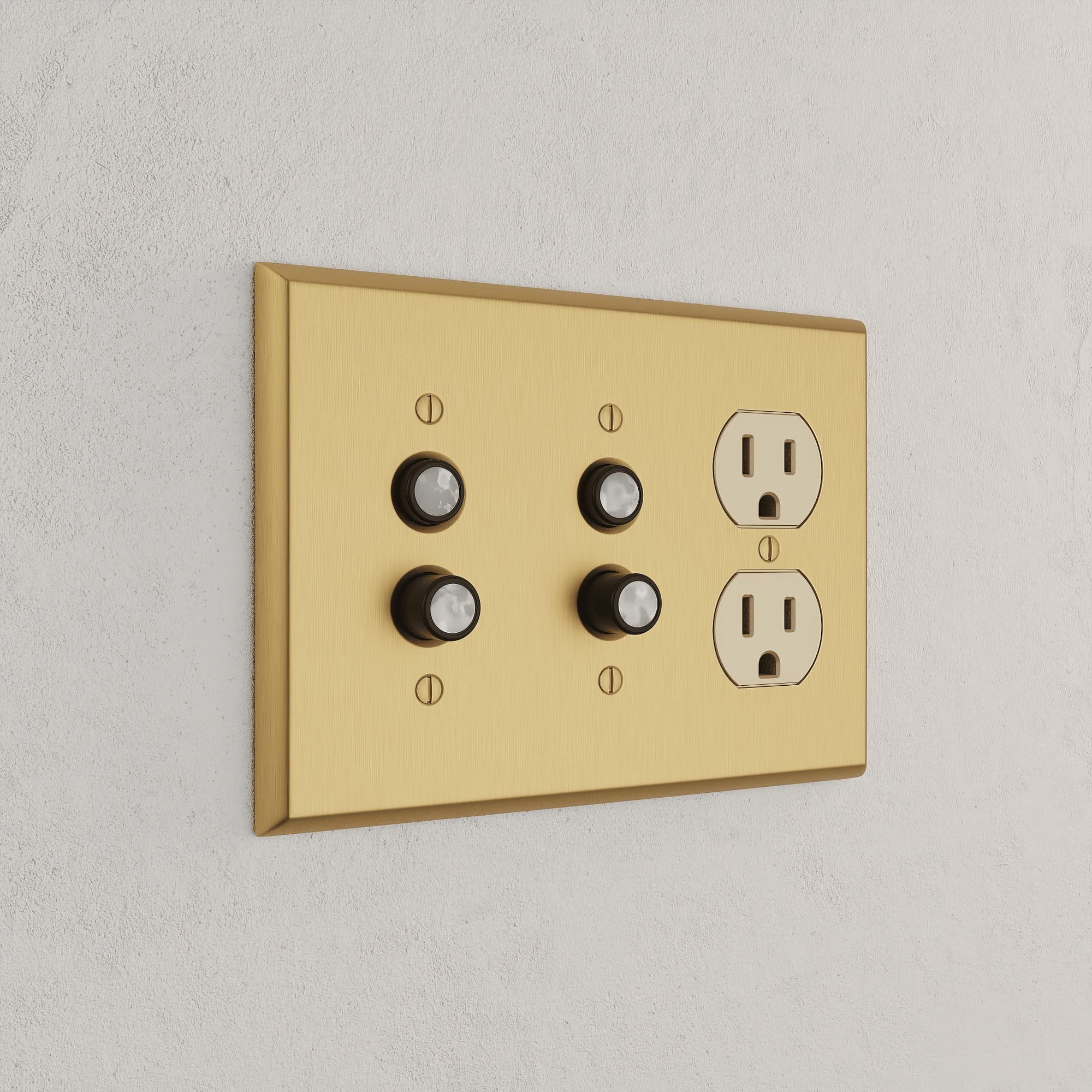 Solid brass Century Push Button &amp; Outlet Wall Plate – Triple in Satin Brass finish