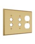 Solid brass Century Push Button & Outlet Wall Plate – Triple in Satin Brass finish