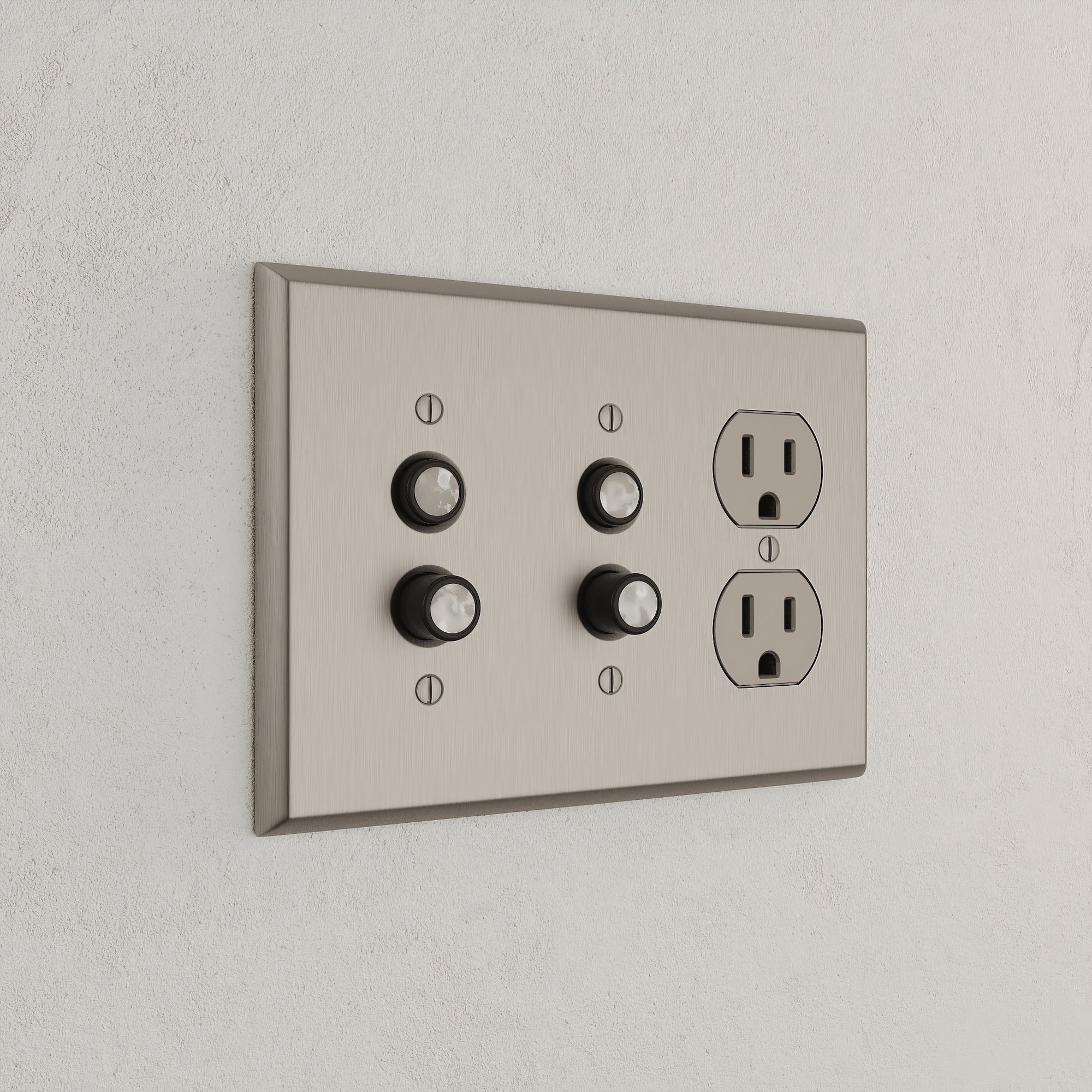 Solid brass Century Push Button &amp; Outlet Wall Plate – Triple in Satin Nickel finish