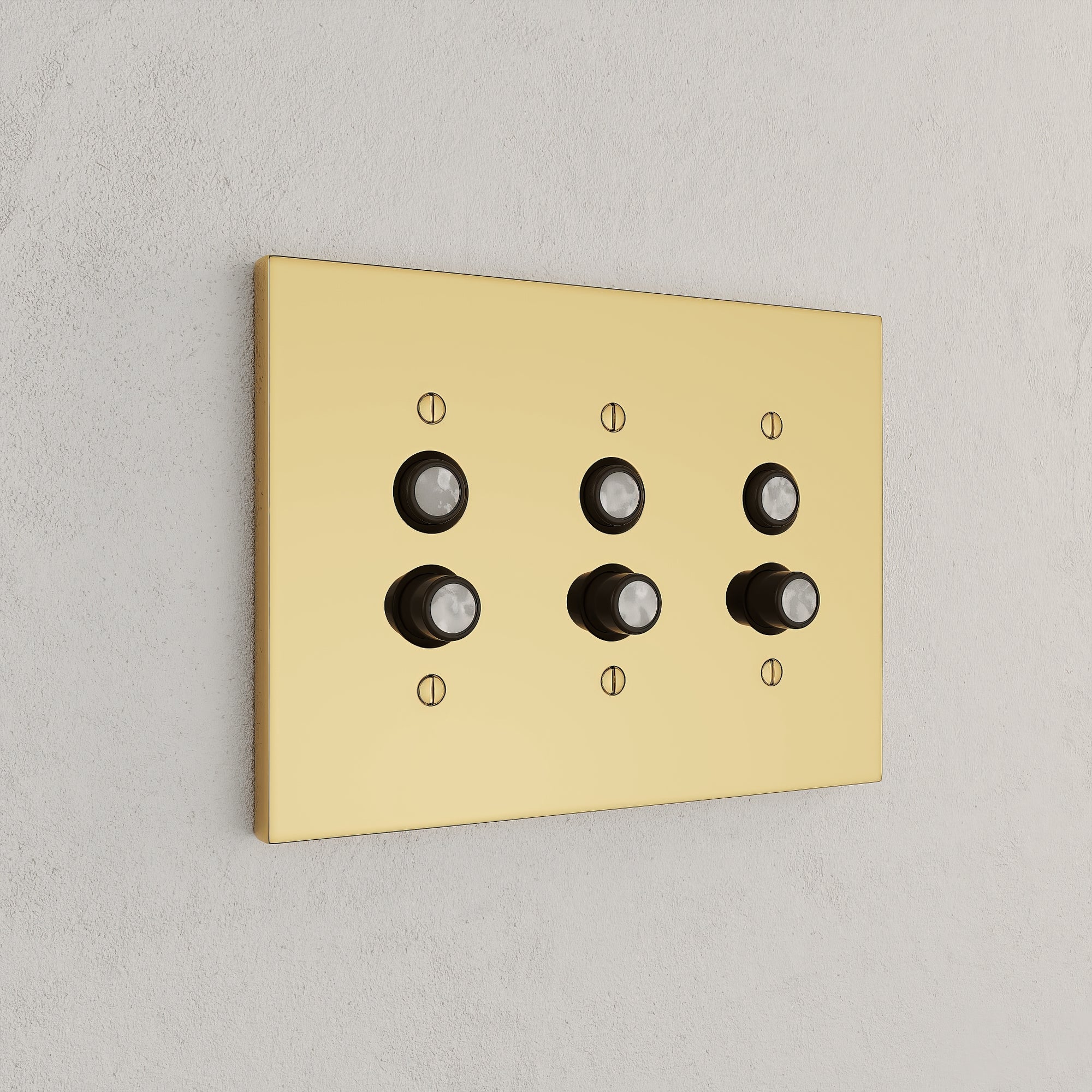 Solid brass Futura Push Button Wall Plate – Triple in Polished Brass finish