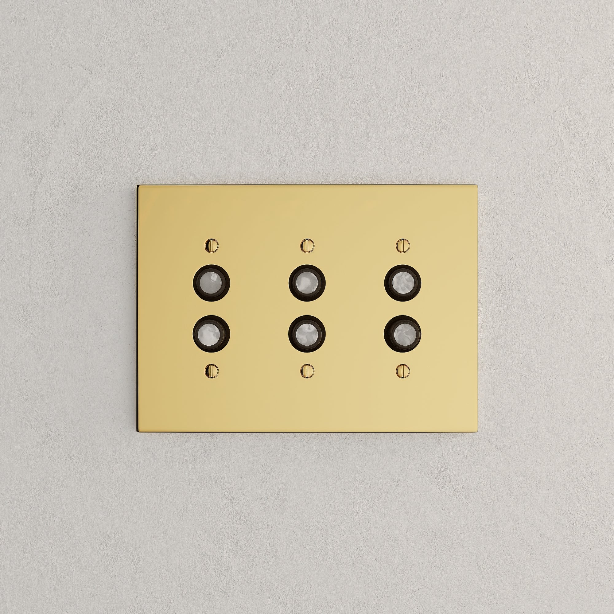 Solid brass Futura Push Button Wall Plate – Triple in Polished Brass finish
