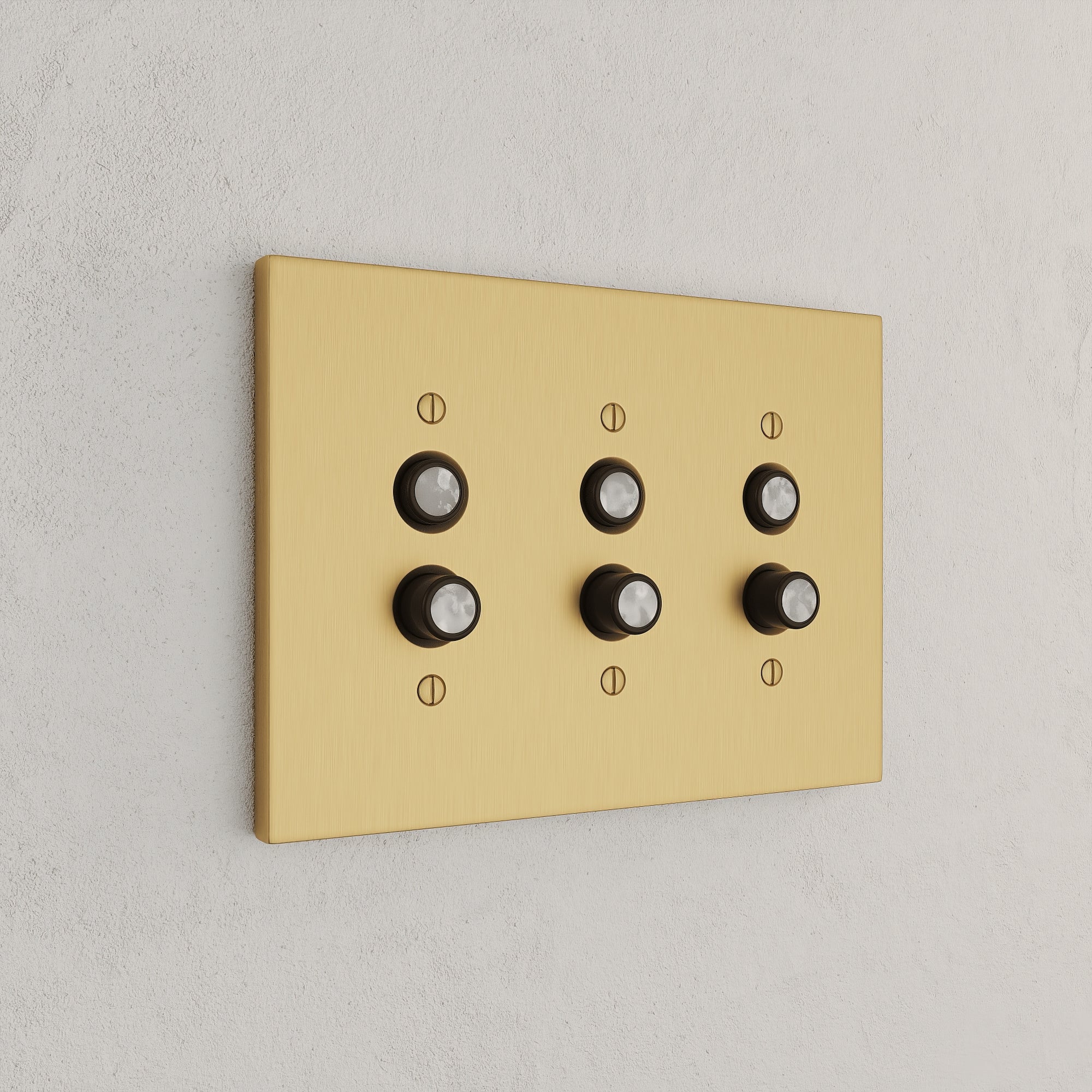 Solid brass Futura Push Button Wall Plate – Triple in Satin Brass finish