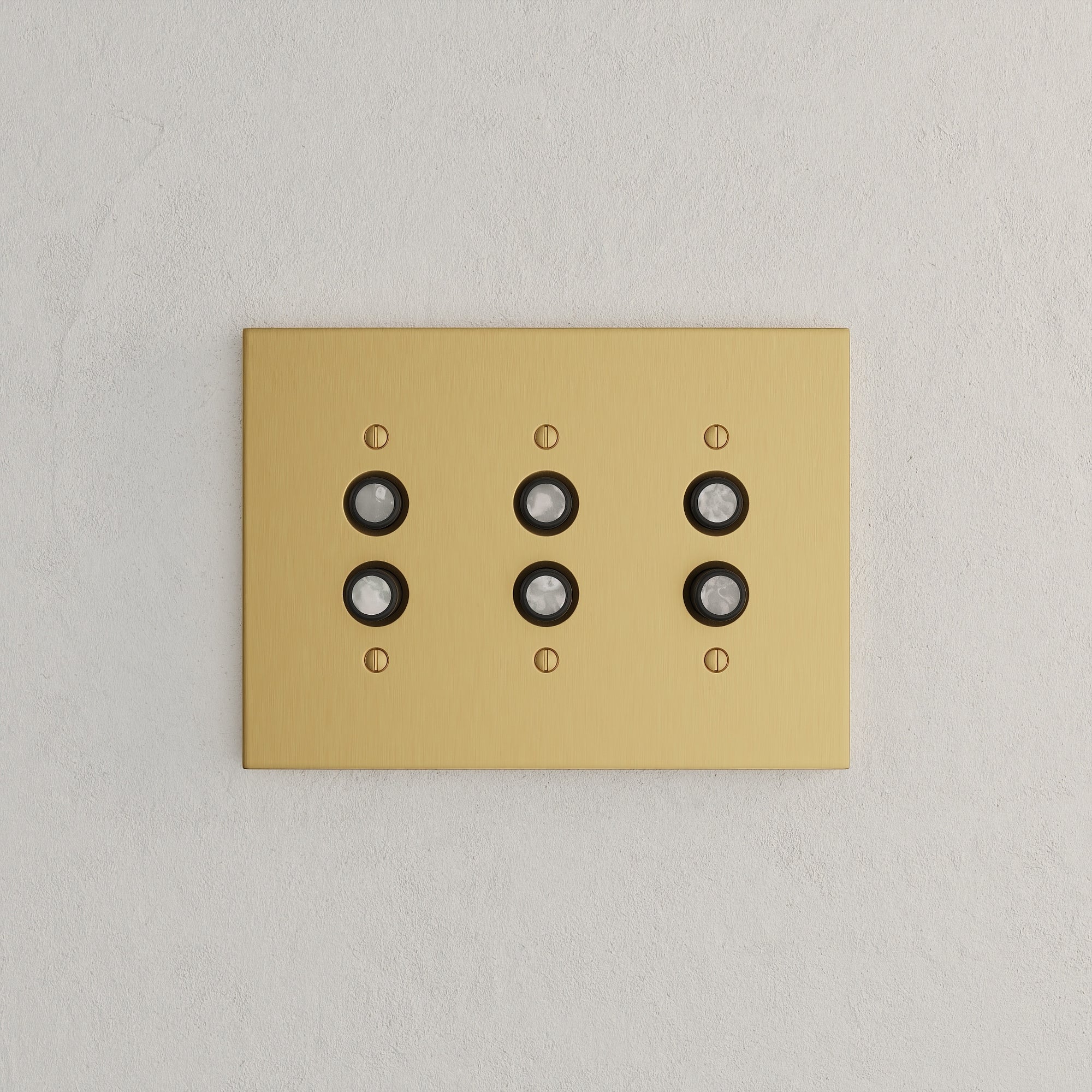 Solid brass Futura Push Button Wall Plate – Triple in Satin Brass finish