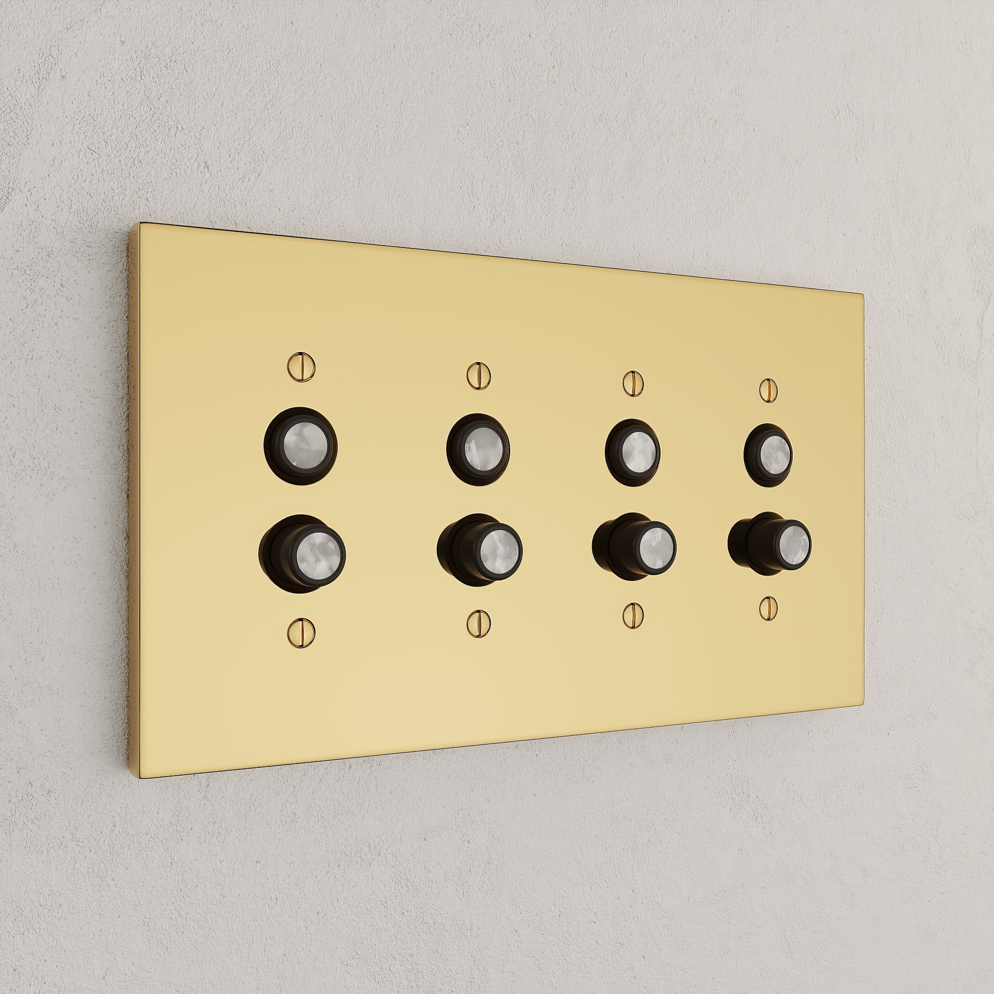 Solid brass Futura Push Button Wall Plate – Quad in Polished Brass finish