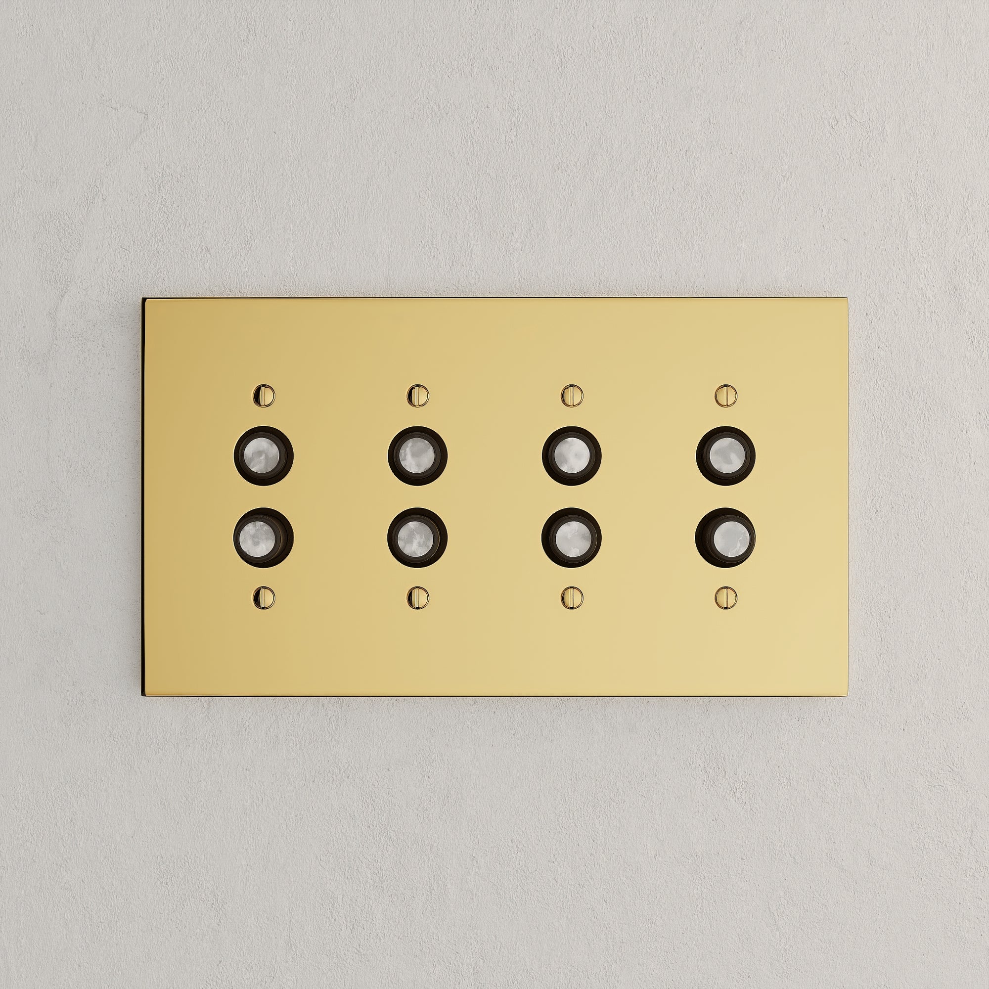 Solid brass Futura Push Button Wall Plate – Quad in Polished Brass finish