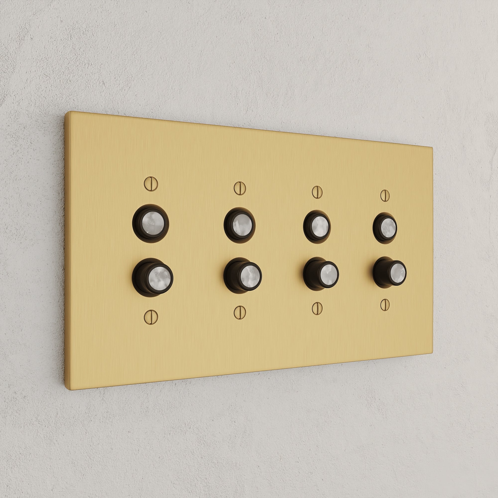 Solid brass Futura Push Button Wall Plate – Quad in Satin Brass finish