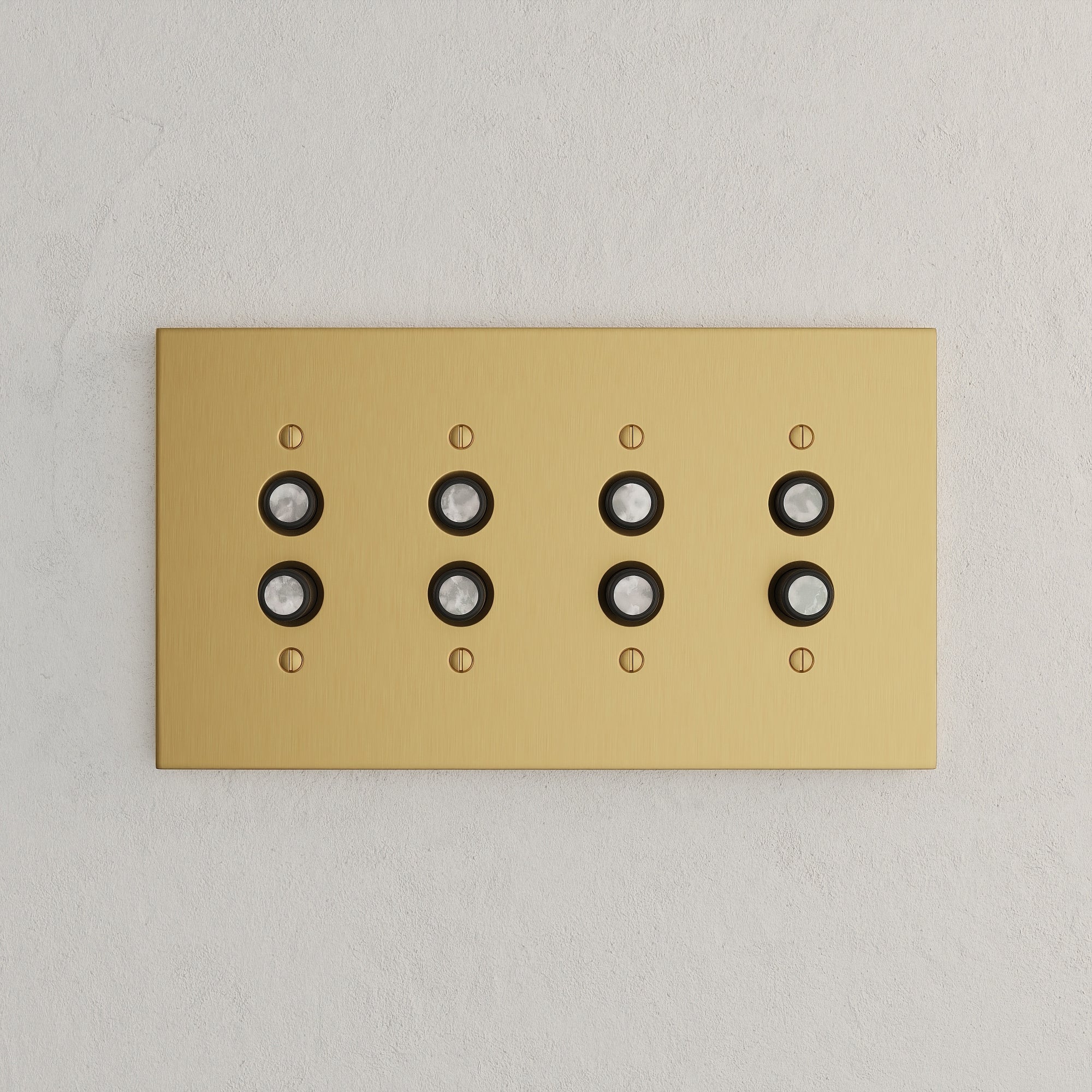Solid brass Futura Push Button Wall Plate – Quad in Satin Brass finish