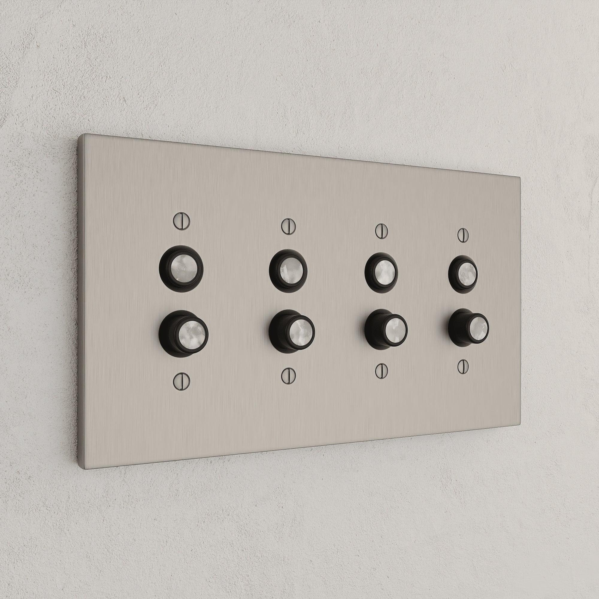 Solid brass Futura Push Button Wall Plate – Quad in Satin Nickel finish