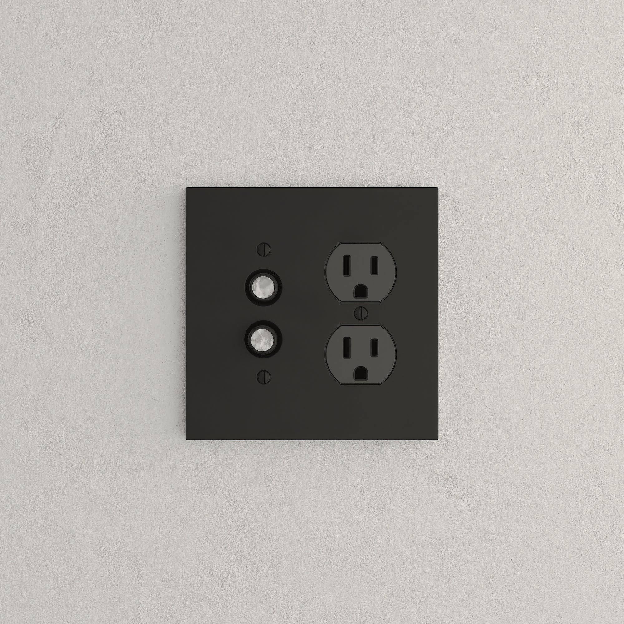 Solid brass Futura Push Button &amp; Outlet Wall Plate – Double in Coal Black Brass finish