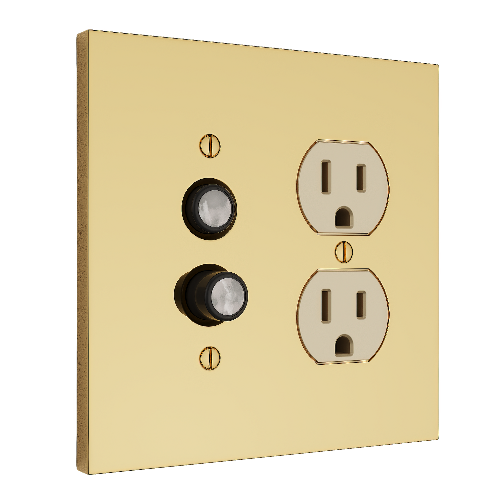 Solid brass Futura Push Button &amp; Outlet Wall Plate – Double in Polished Brass finish