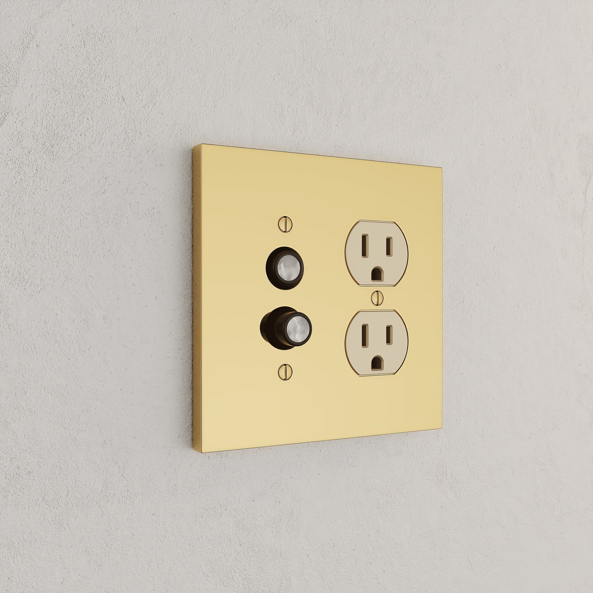 Solid brass Futura Push Button &amp; Outlet Wall Plate – Double in Polished Brass finish