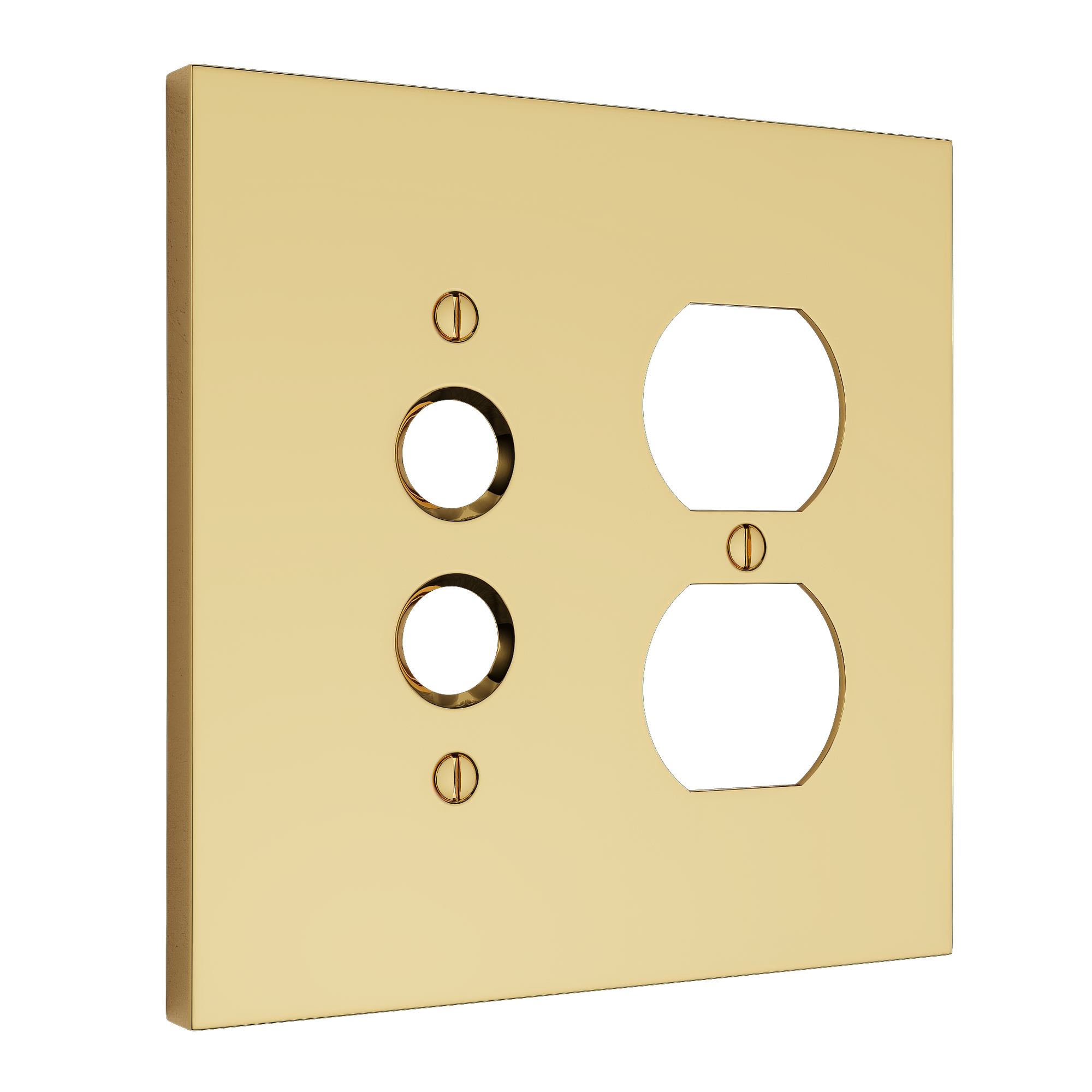 Solid brass Futura Push Button & Outlet Wall Plate – Double in Polished Brass finish