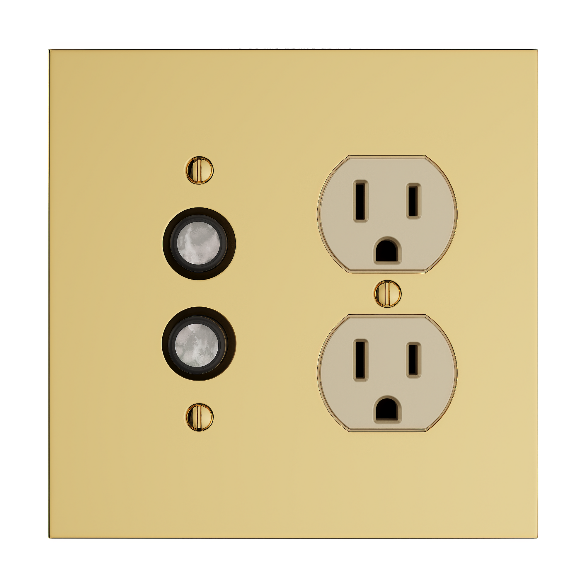 Solid brass Futura Push Button &amp; Outlet Wall Plate – Double in Polished Brass finish