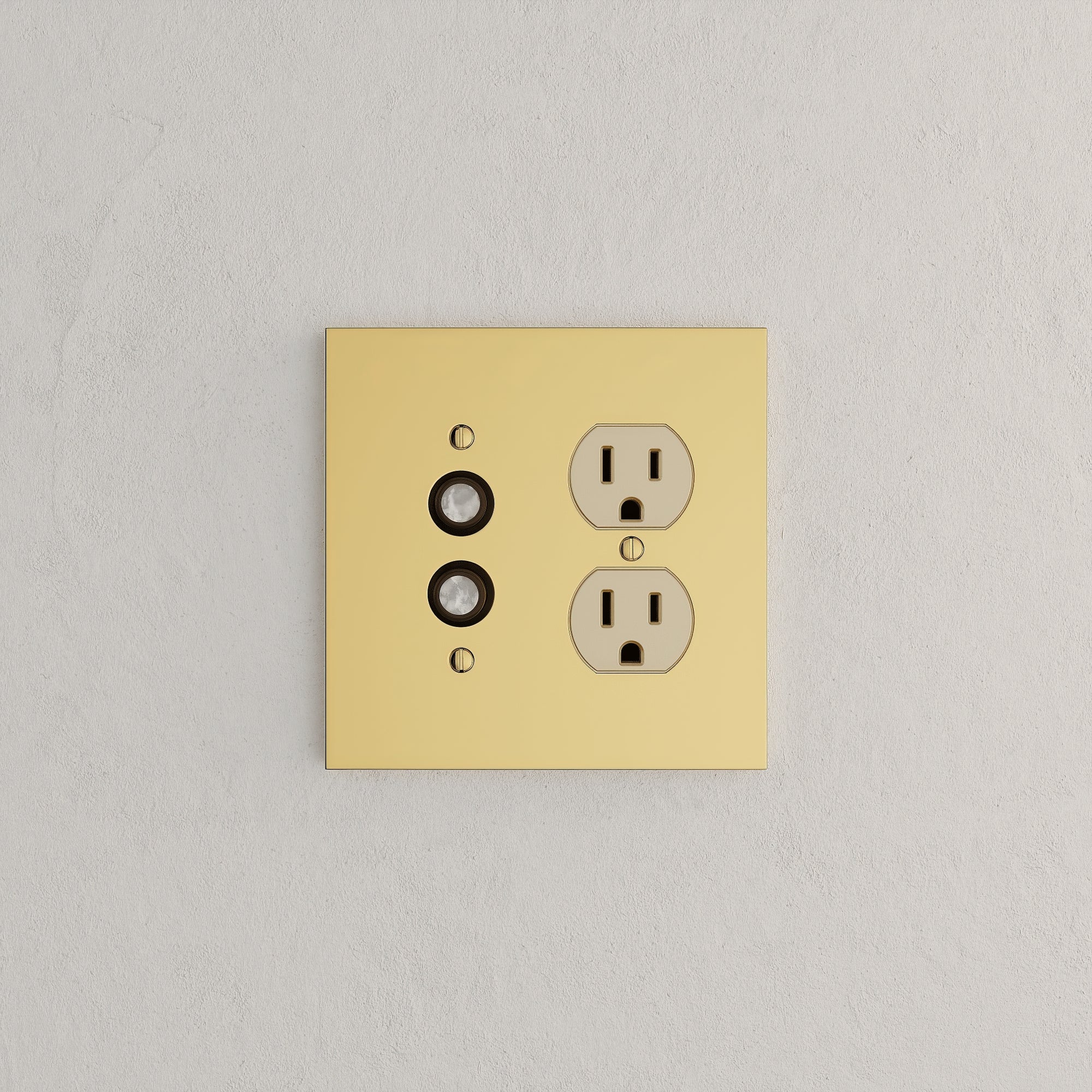 Solid brass Futura Push Button &amp; Outlet Wall Plate – Double in Polished Brass finish