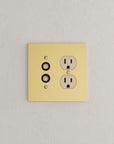 Solid brass Futura Push Button & Outlet Wall Plate – Double in Polished Brass finish