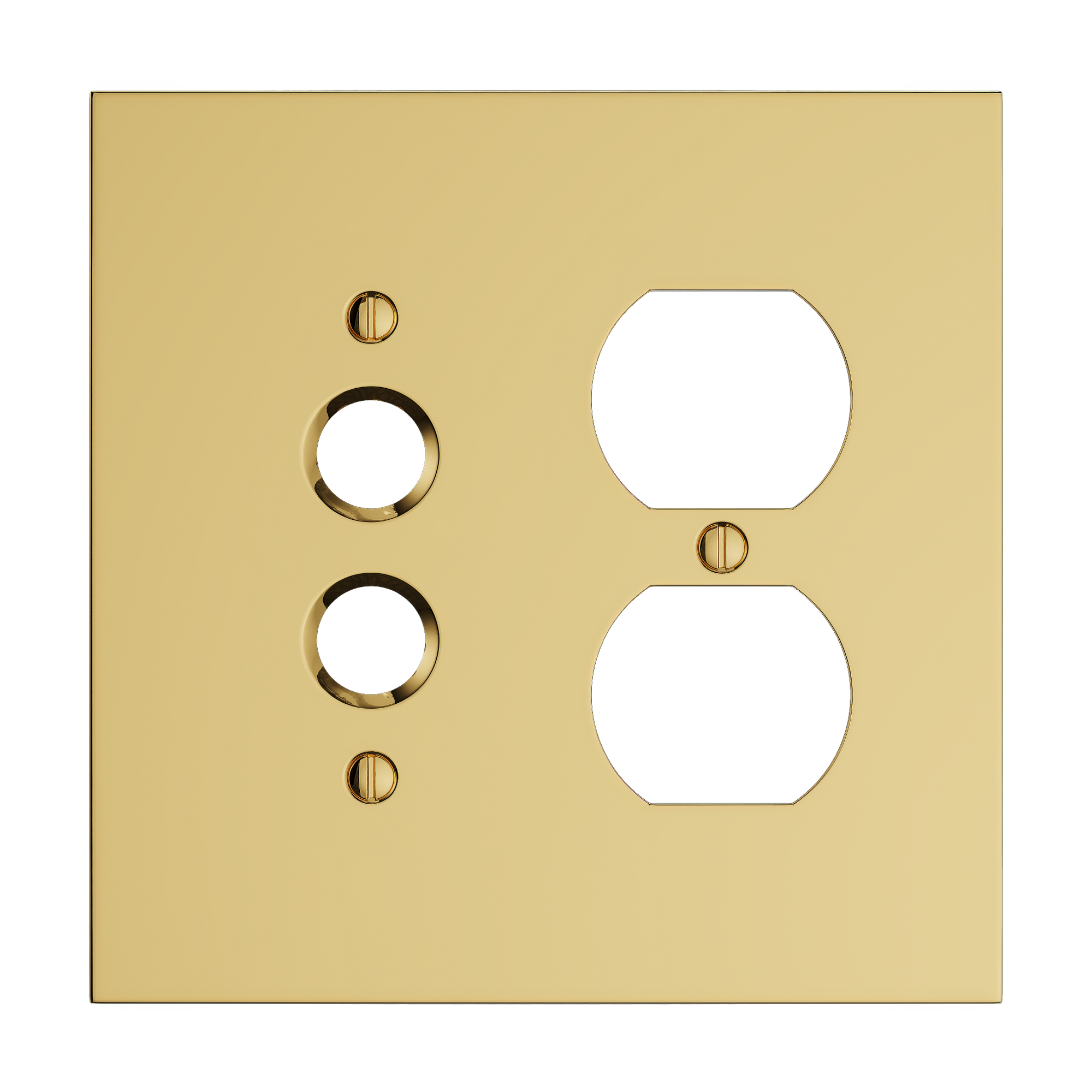 Solid brass Futura Push Button &amp; Outlet Wall Plate – Double in Polished Brass finish