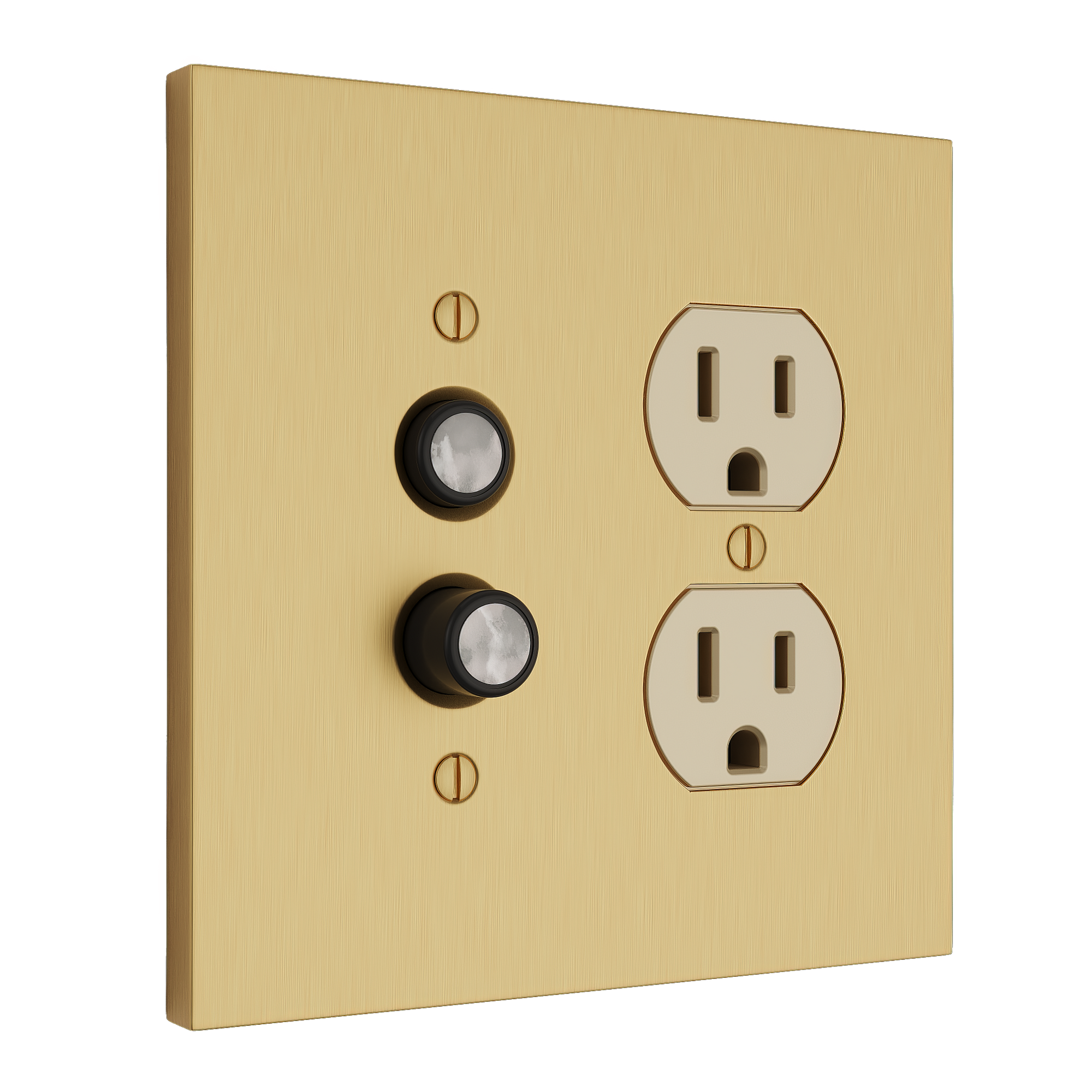 Solid brass Futura Push Button &amp; Outlet Wall Plate – Double in Satin Brass finish