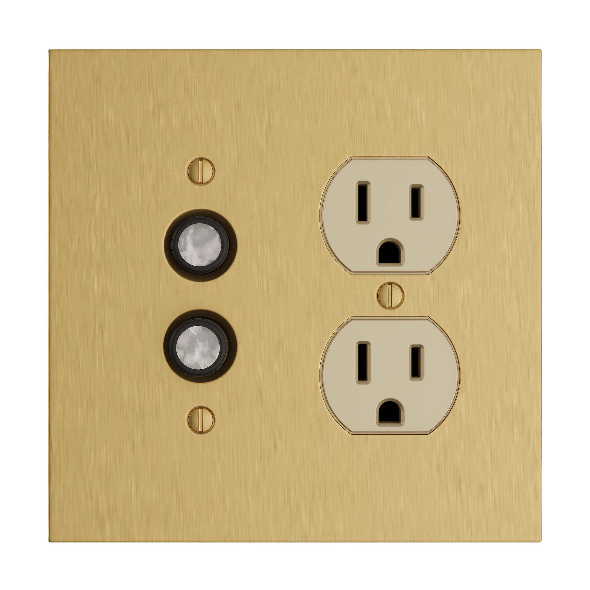 Solid brass Futura Push Button &amp; Outlet Wall Plate – Double in Satin Brass finish