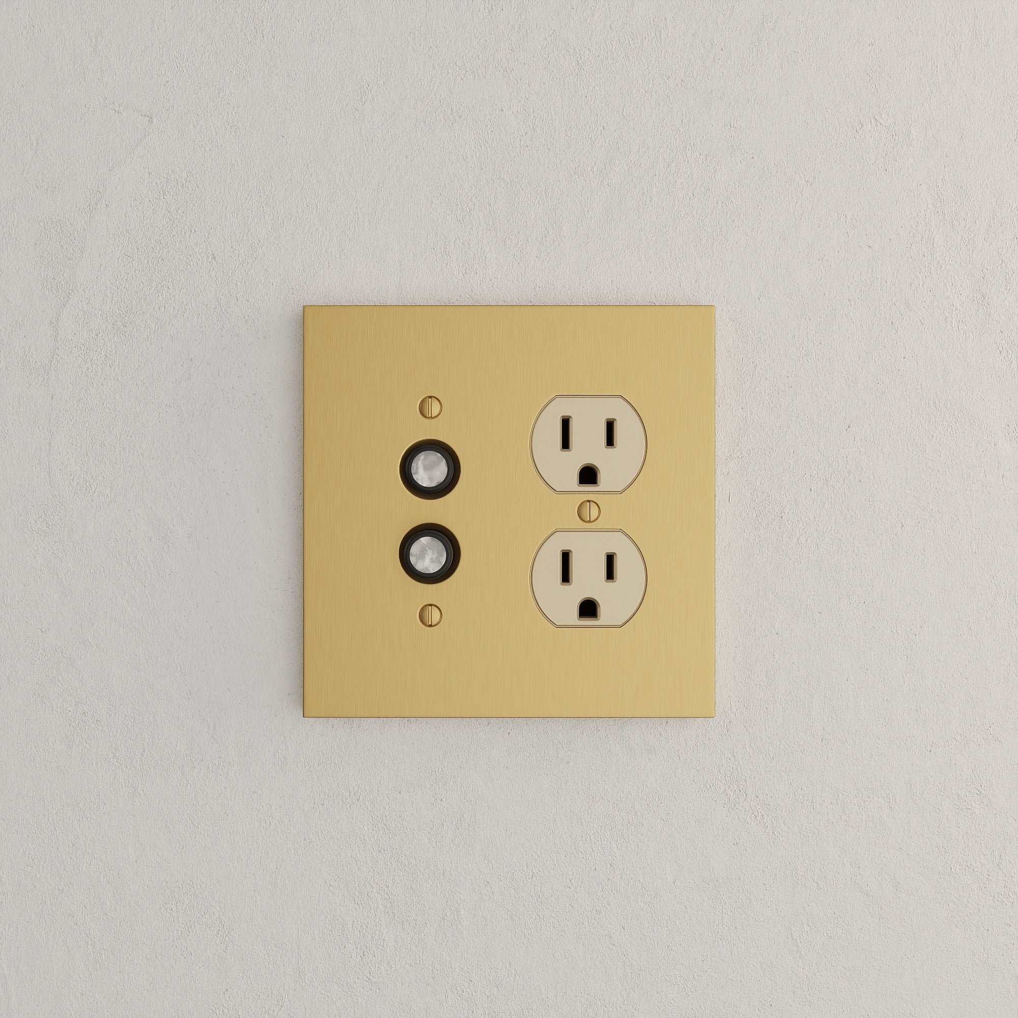 Solid brass Futura Push Button &amp; Outlet Wall Plate – Double in Satin Brass finish