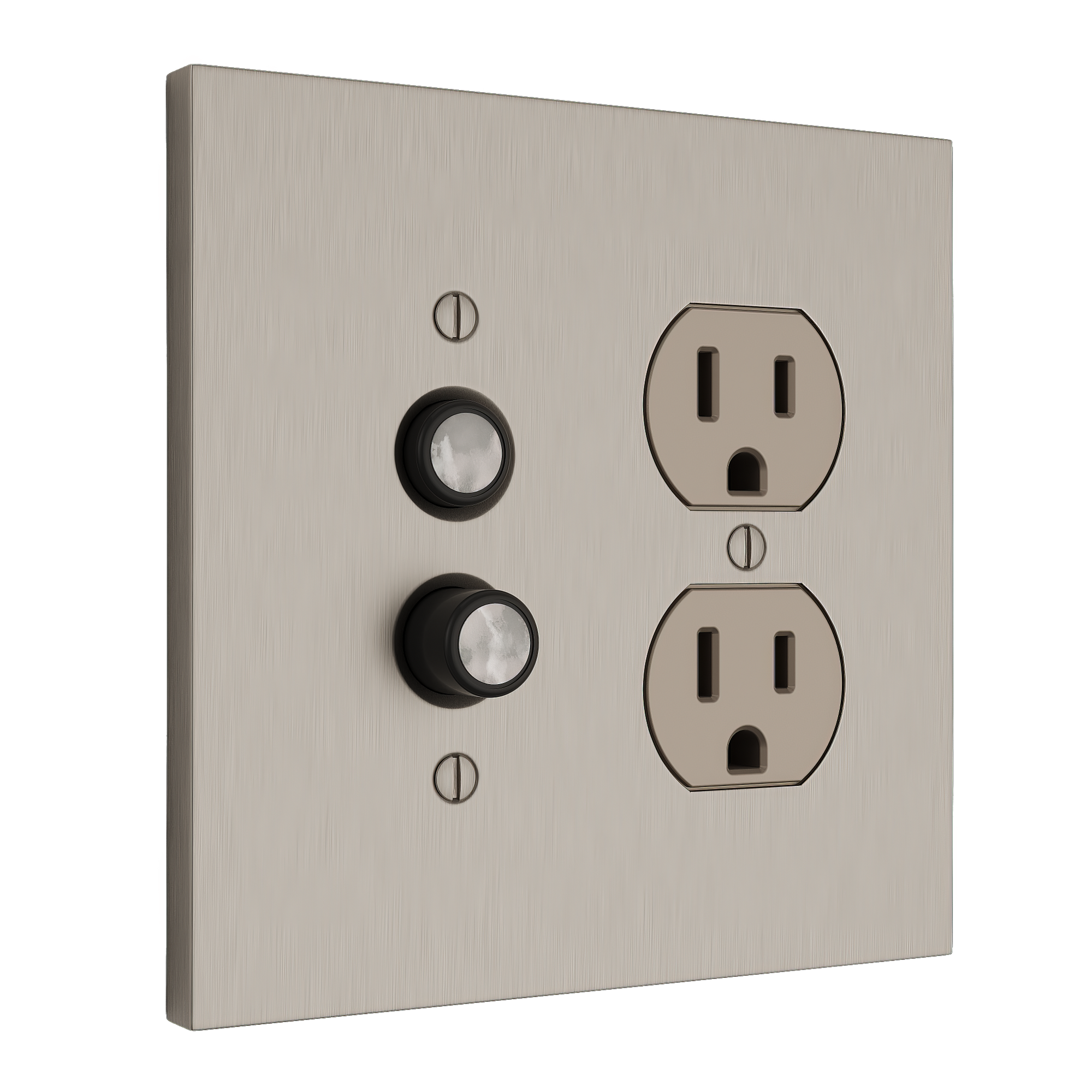 Solid brass Futura Push Button &amp; Outlet Wall Plate – Double in Satin Nickel finish