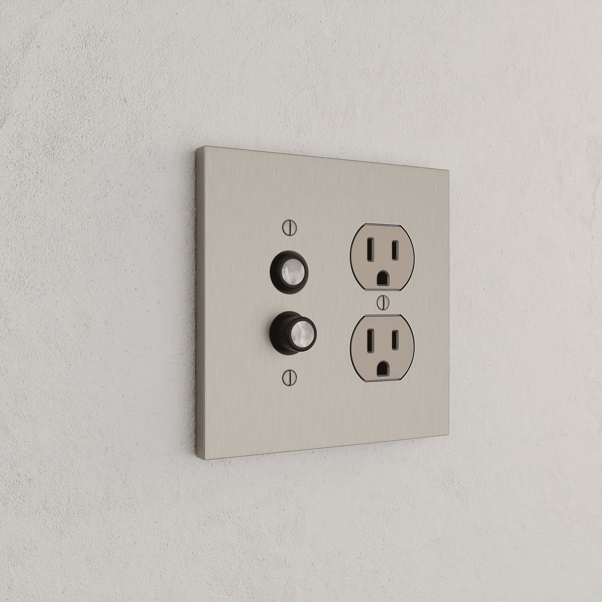 Solid brass Futura Push Button &amp; Outlet Wall Plate – Double in Satin Nickel finish
