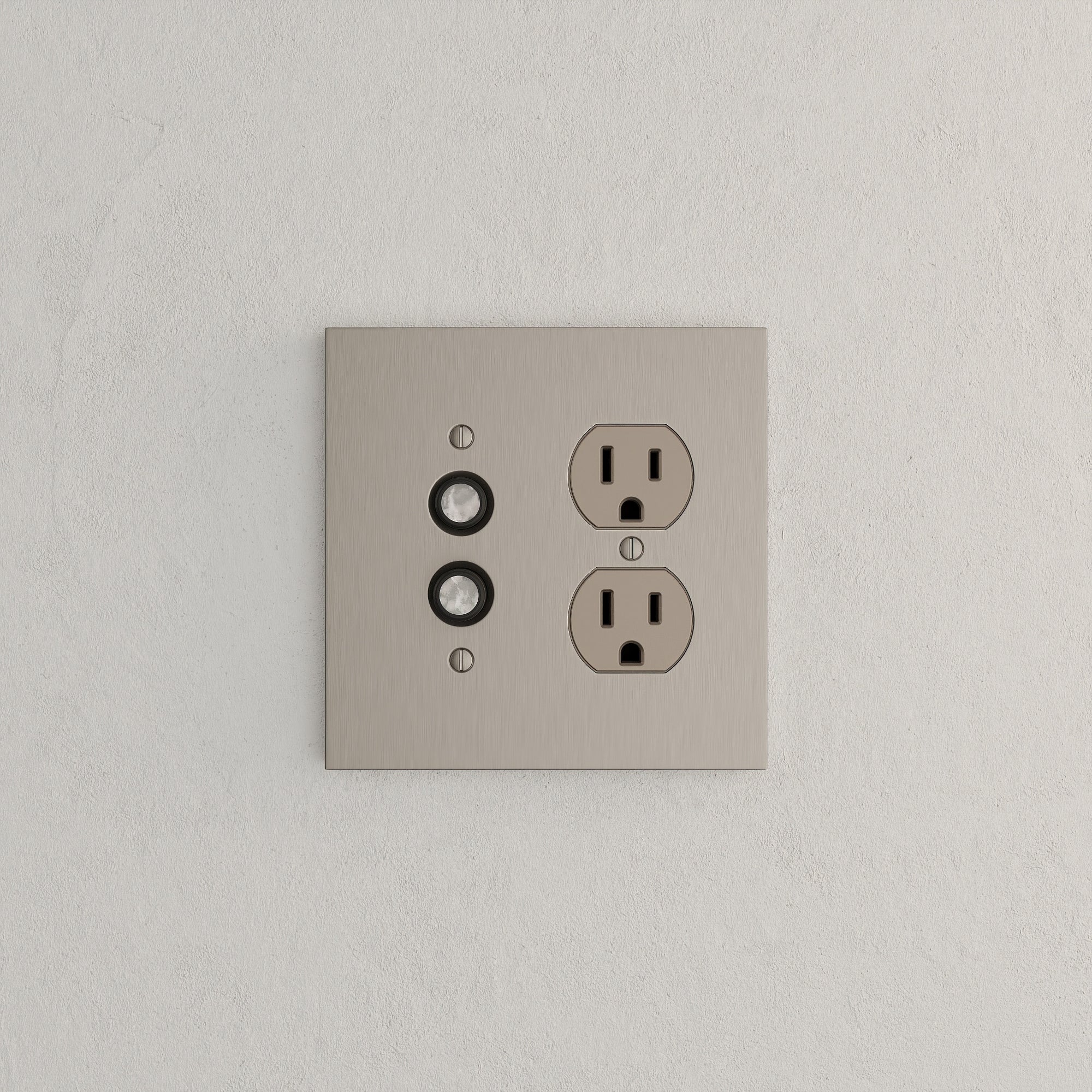 Solid brass Futura Push Button &amp; Outlet Wall Plate – Double in Satin Nickel finish