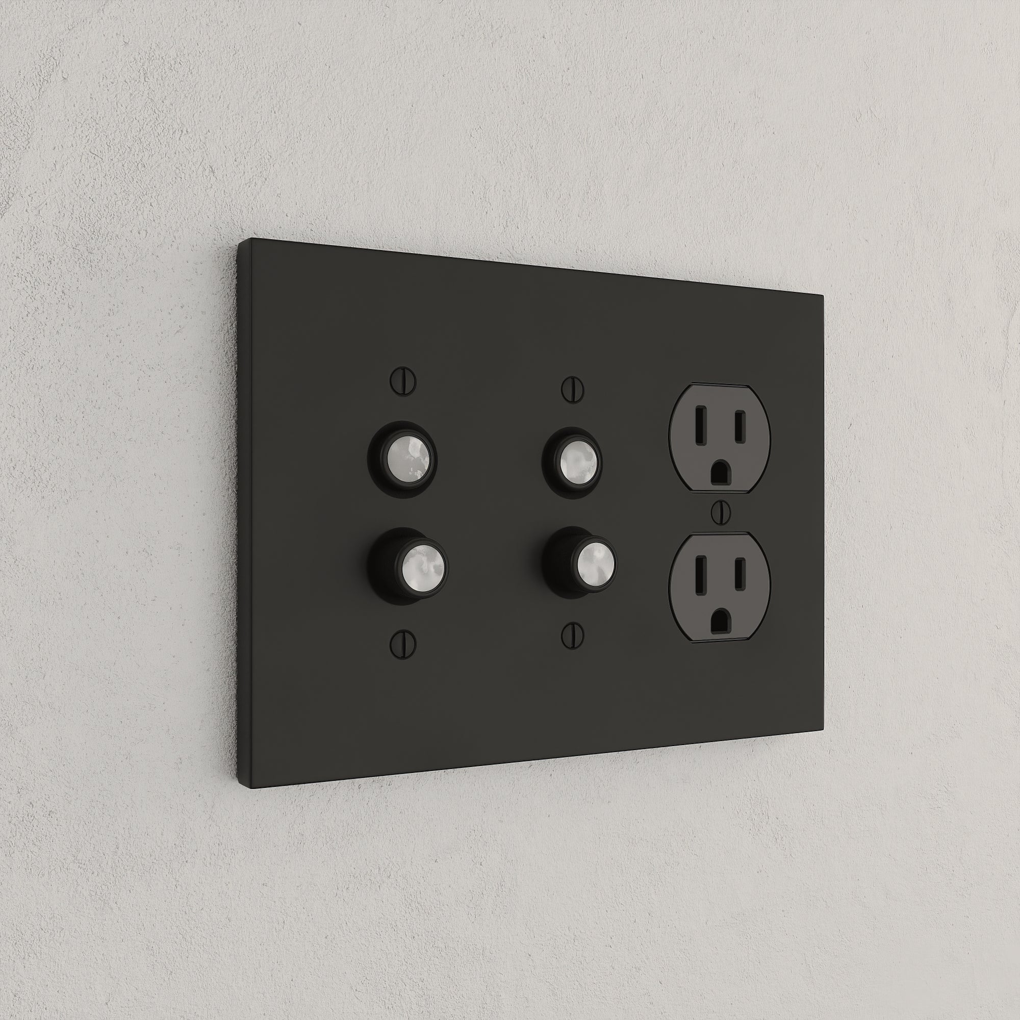 Solid brass Futura Push Button &amp; Outlet Wall Plate – Triple in Coal Black Brass finish