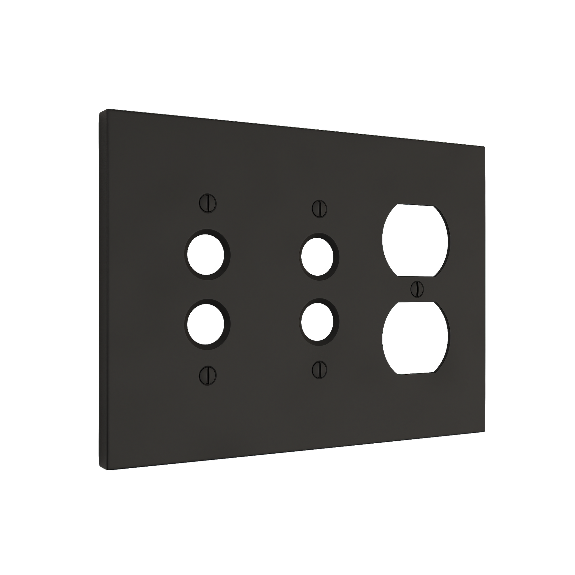 Solid brass Futura Push Button & Outlet Wall Plate – Triple in Coal Black Brass finish