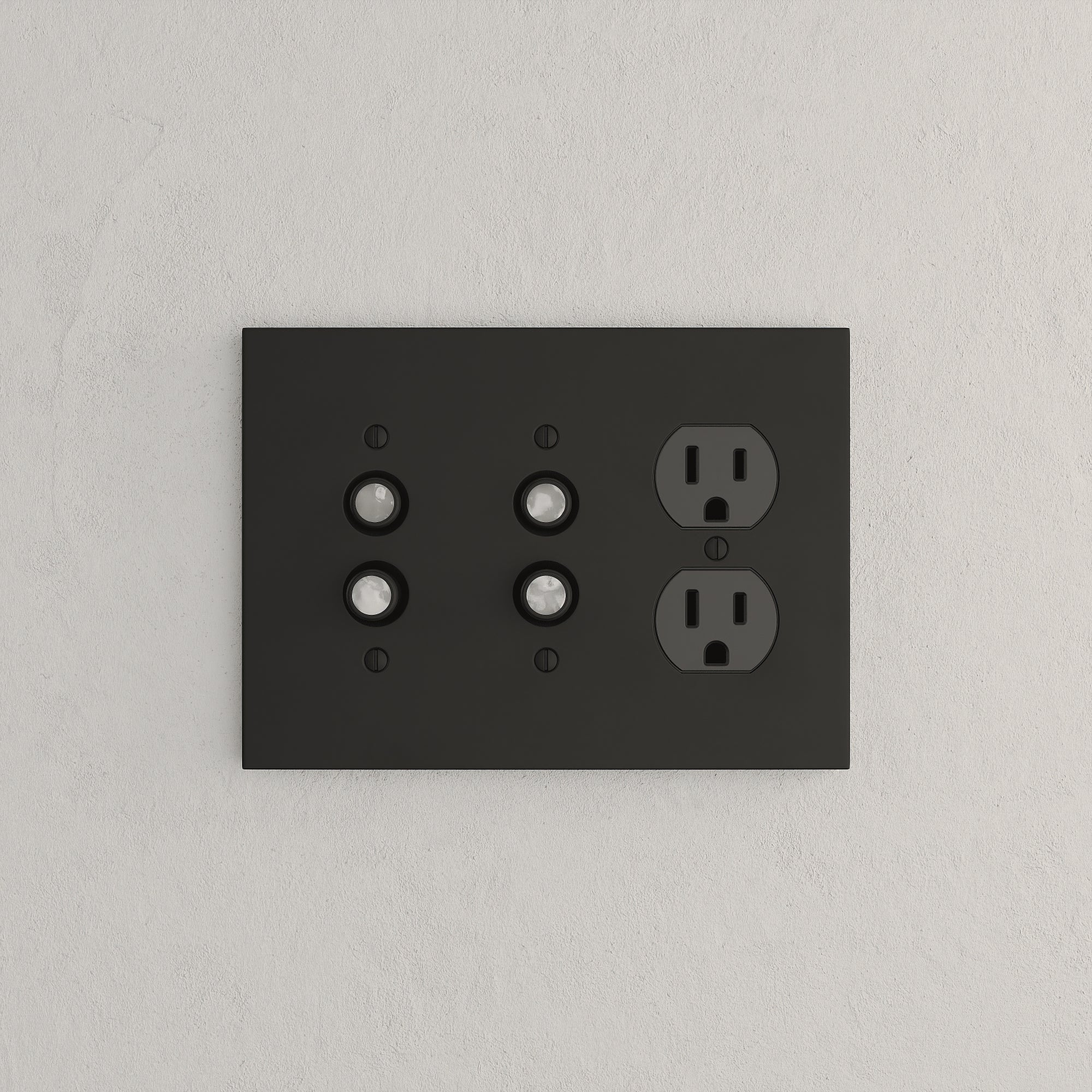 Solid brass Futura Push Button &amp; Outlet Wall Plate – Triple in Coal Black Brass finish