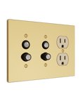 Solid brass Futura Push Button & Outlet Wall Plate – Triple in Polished Brass finish