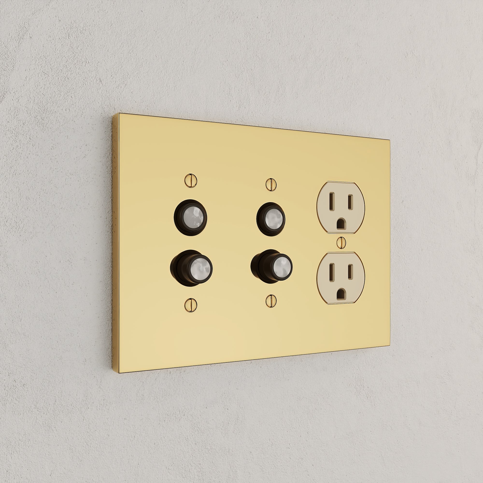Solid brass Futura Push Button &amp; Outlet Wall Plate – Triple in Polished Brass finish