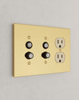 Solid brass Futura Push Button & Outlet Wall Plate – Triple in Polished Brass finish