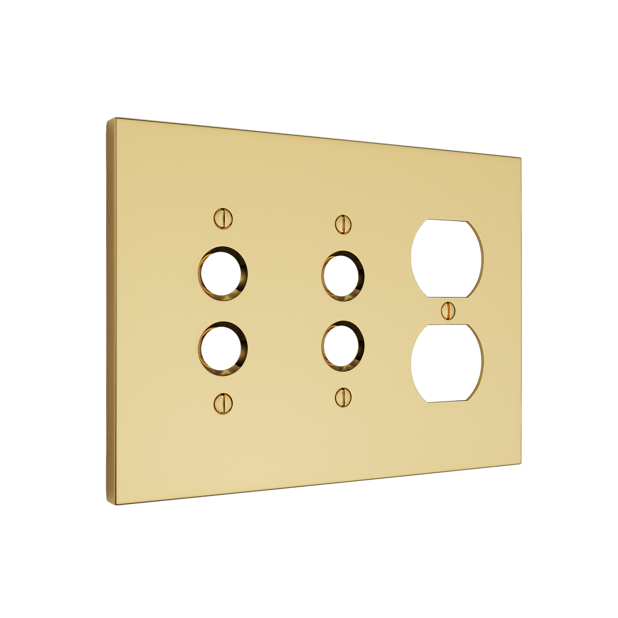 Solid brass Futura Push Button & Outlet Wall Plate – Triple in Polished Brass finish