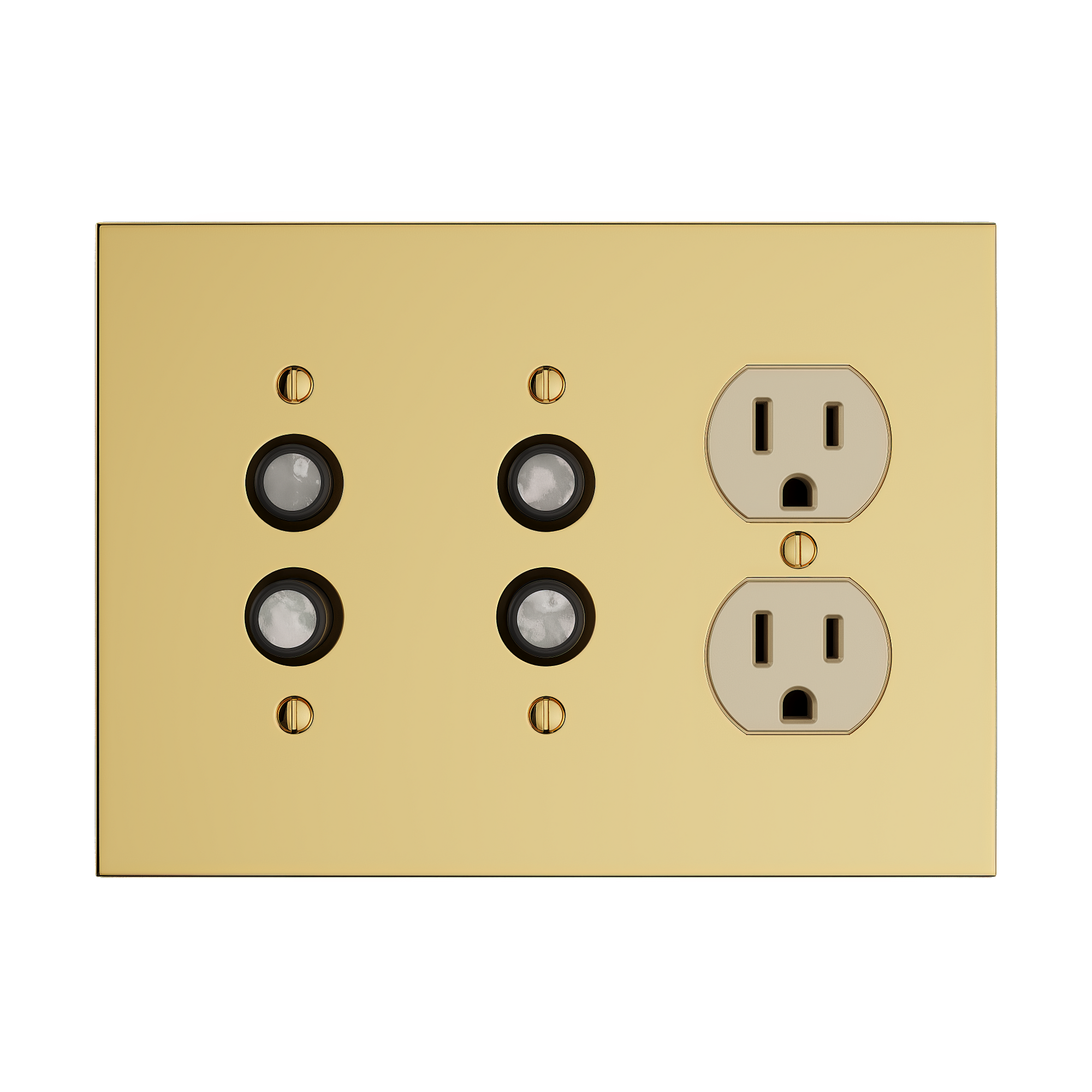 Solid brass Futura Push Button &amp; Outlet Wall Plate – Triple in Polished Brass finish