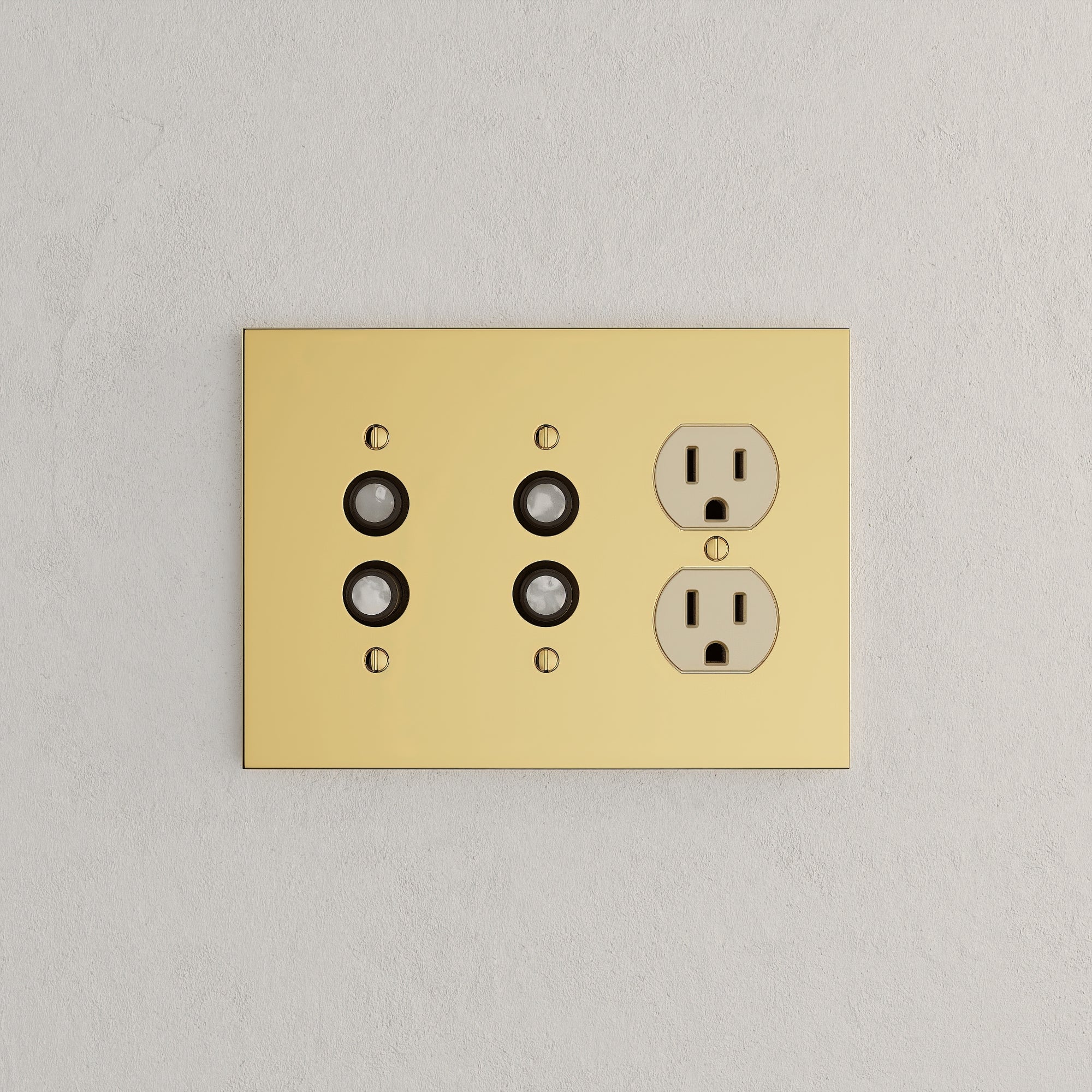 Solid brass Futura Push Button &amp; Outlet Wall Plate – Triple in Polished Brass finish