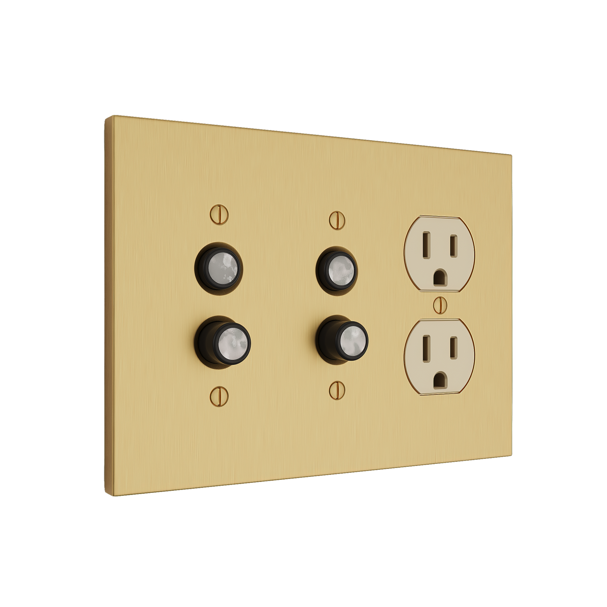 Solid brass Futura Push Button &amp; Outlet Wall Plate – Triple in Satin Brass finish
