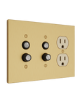 Solid brass Futura Push Button & Outlet Wall Plate – Triple in Satin Brass finish