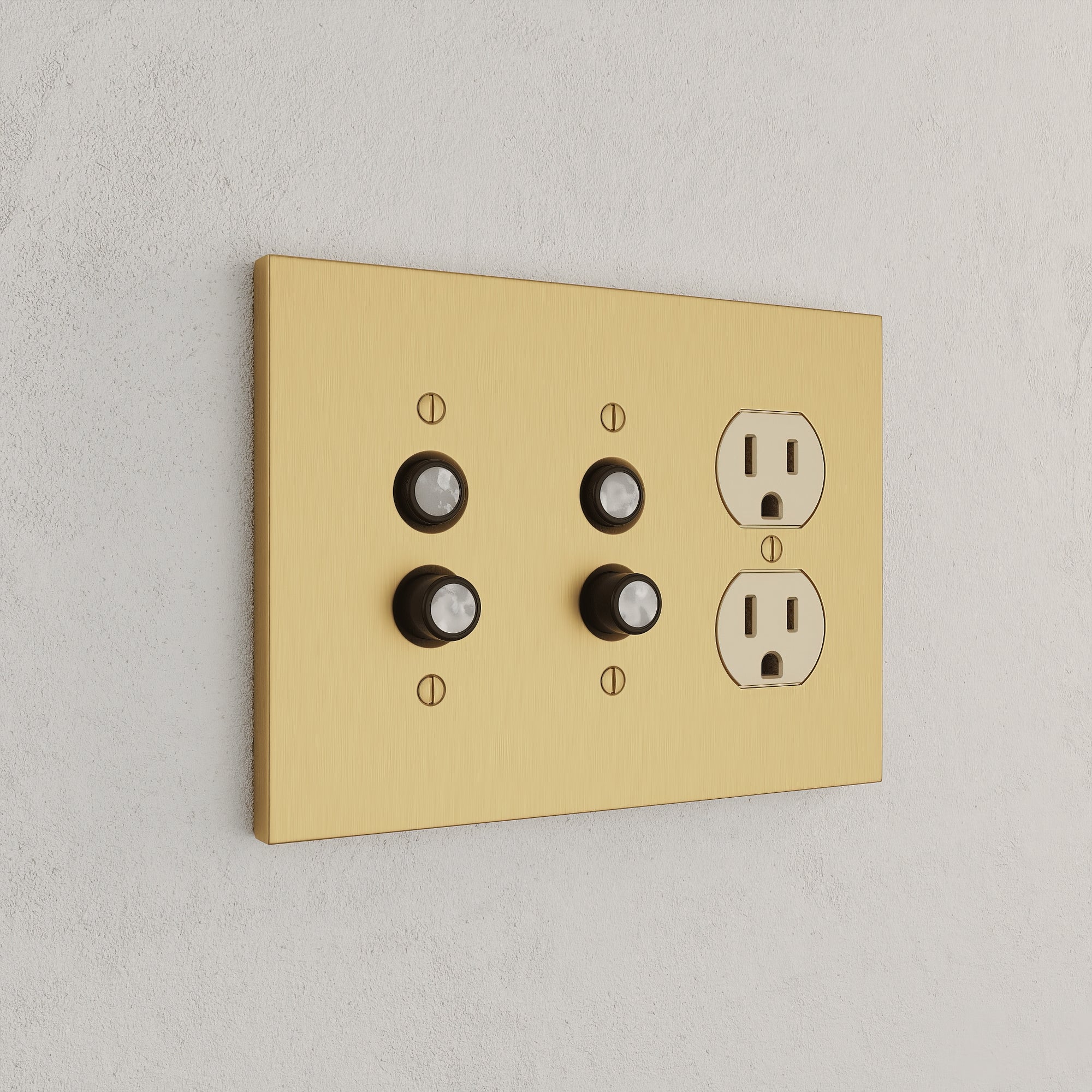 Solid brass Futura Push Button &amp; Outlet Wall Plate – Triple in Satin Brass finish