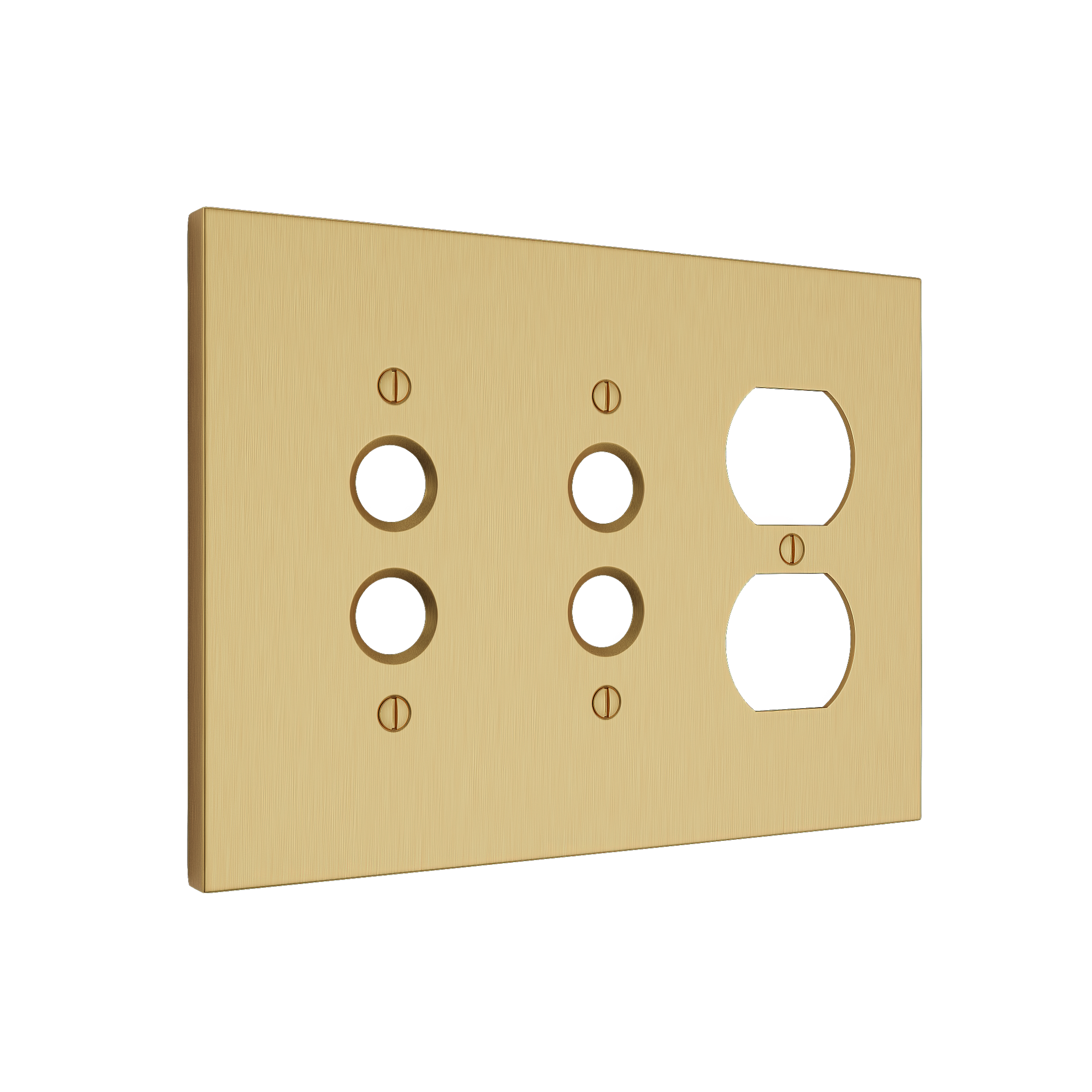 Solid brass Futura Push Button & Outlet Wall Plate – Triple in Satin Brass finish